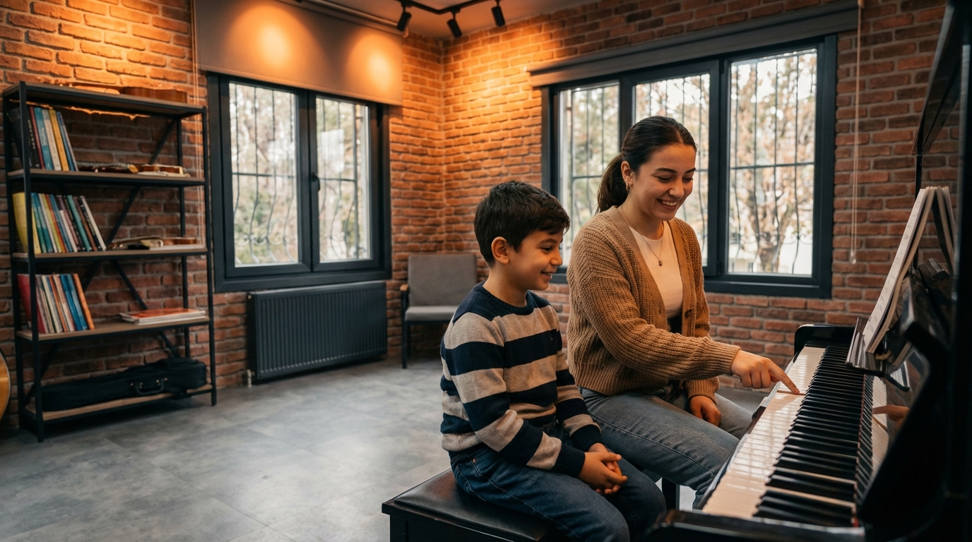 Yaz okulu kayıt öncesi branş seçimi yapan ailelere özel piyano eğitimi ortamı.