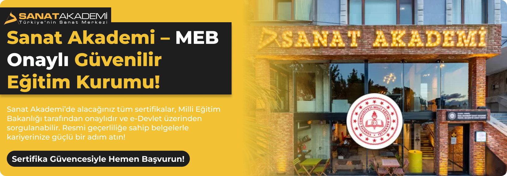 MEB onaylı Sanat Akademi binası ve e-Devlet üzerinden sorgulanabilir resmi sertifikalı sanat eğitimleri hakkında bilgilendirici tanıtım bannerı.