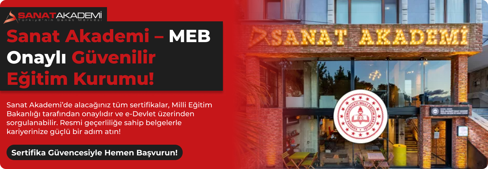 MEB onaylı Sanat Akademi binası ve e-Devlet üzerinden sorgulanabilir resmi sertifikalı sanat eğitimleri hakkında bilgilendirici tanıtım bannerı.